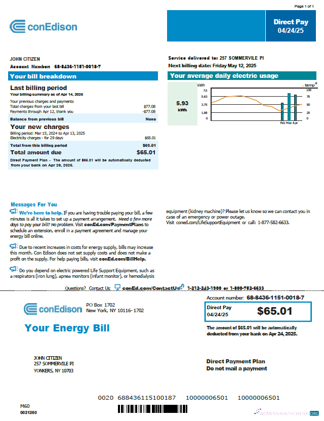 download download USA Conedison utility bill template in Word and PDF formats, version 2 PDF template PDF template